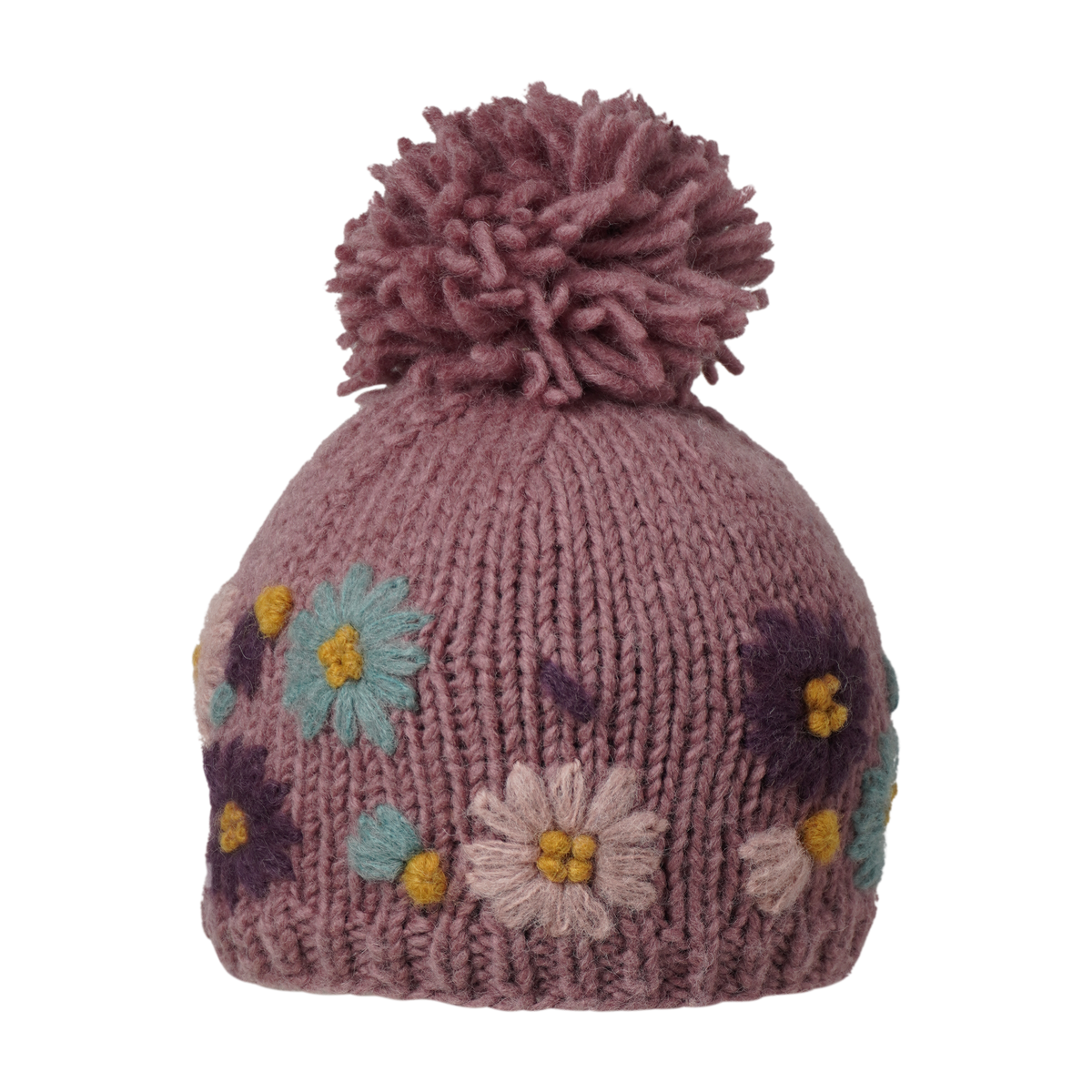 Ambler Petal handknit kids&#39; toque in wild ginger with embroidered floral pattern and thin rib cuff. 