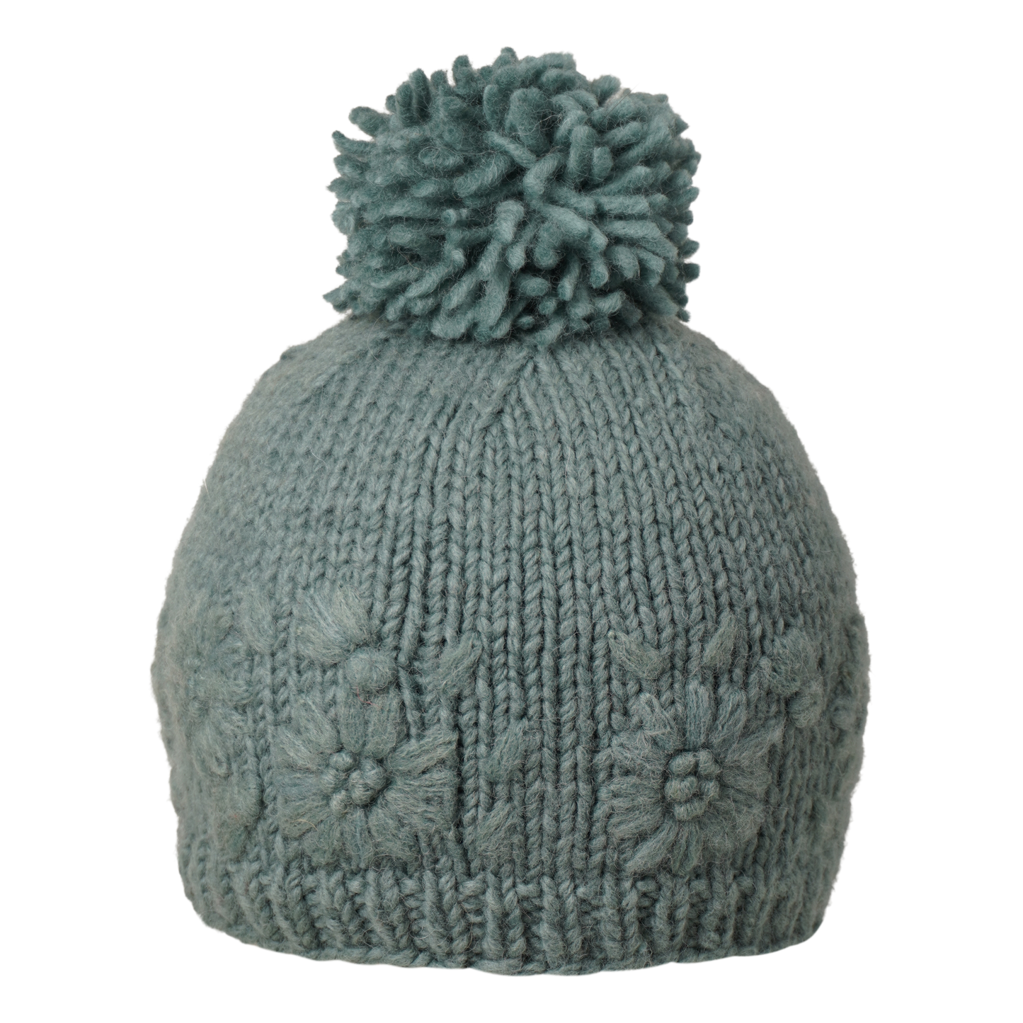 Ambler Petal handknit women's toque in eucalyptus with monotone floral design and medium pom. 