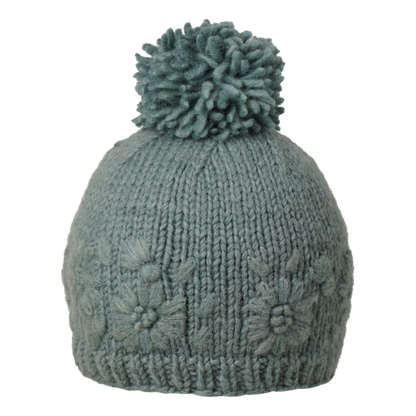 Ambler Petal handknit women's toque in eucalyptus with monotone floral design and medium pom. 