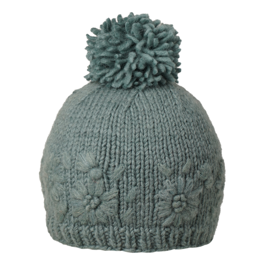 Ambler Petal handknit women's toque in eucalyptus with monotone floral design and medium pom. 