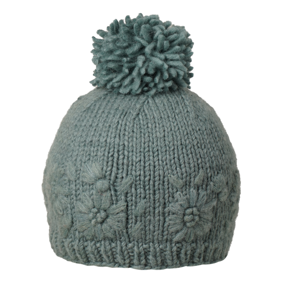 Ambler Petal handknit women&#39;s toque in eucalyptus with monotone floral design and medium pom. 