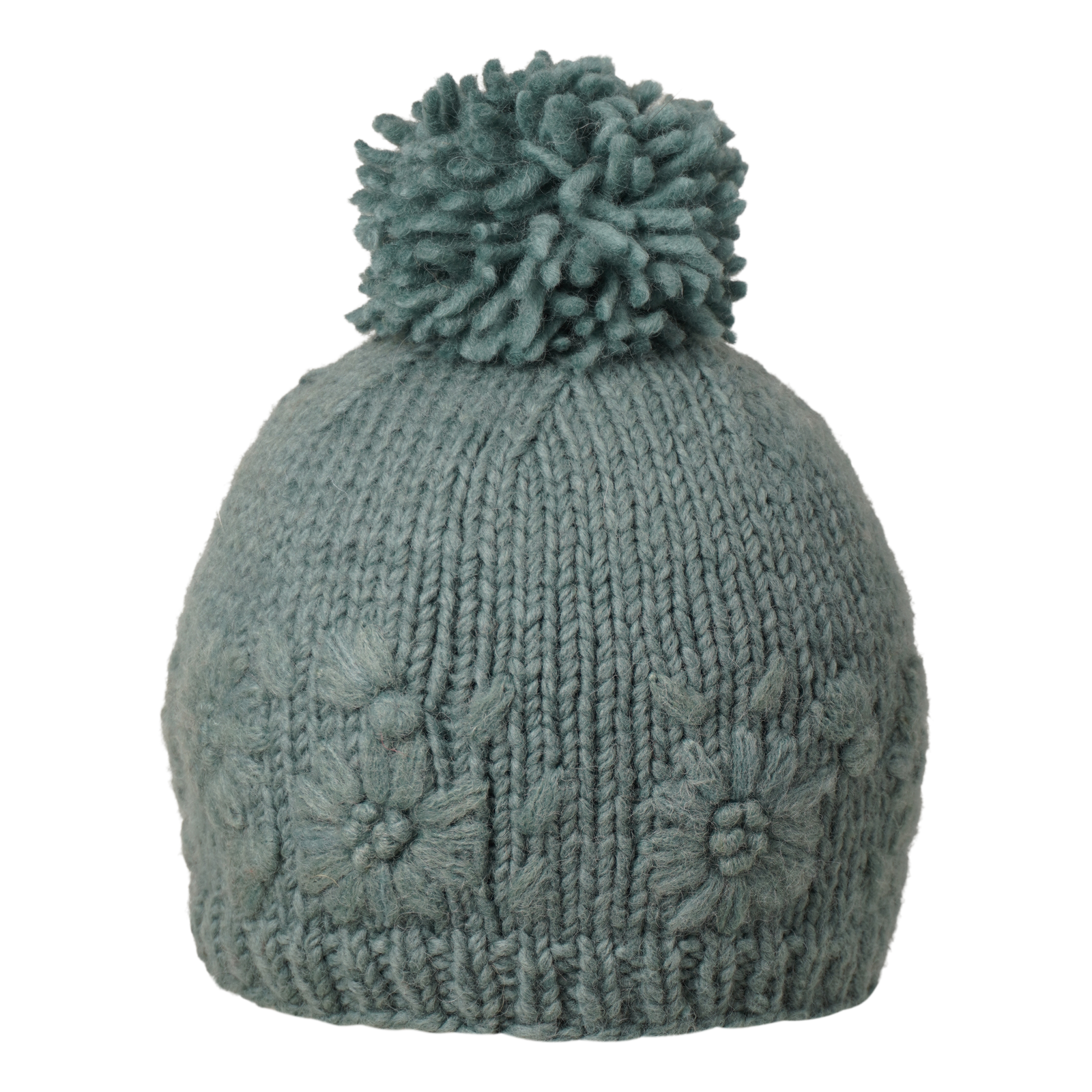 Ambler Petal handknit women's toque in eucalyptus with monotone floral design and medium pom. 