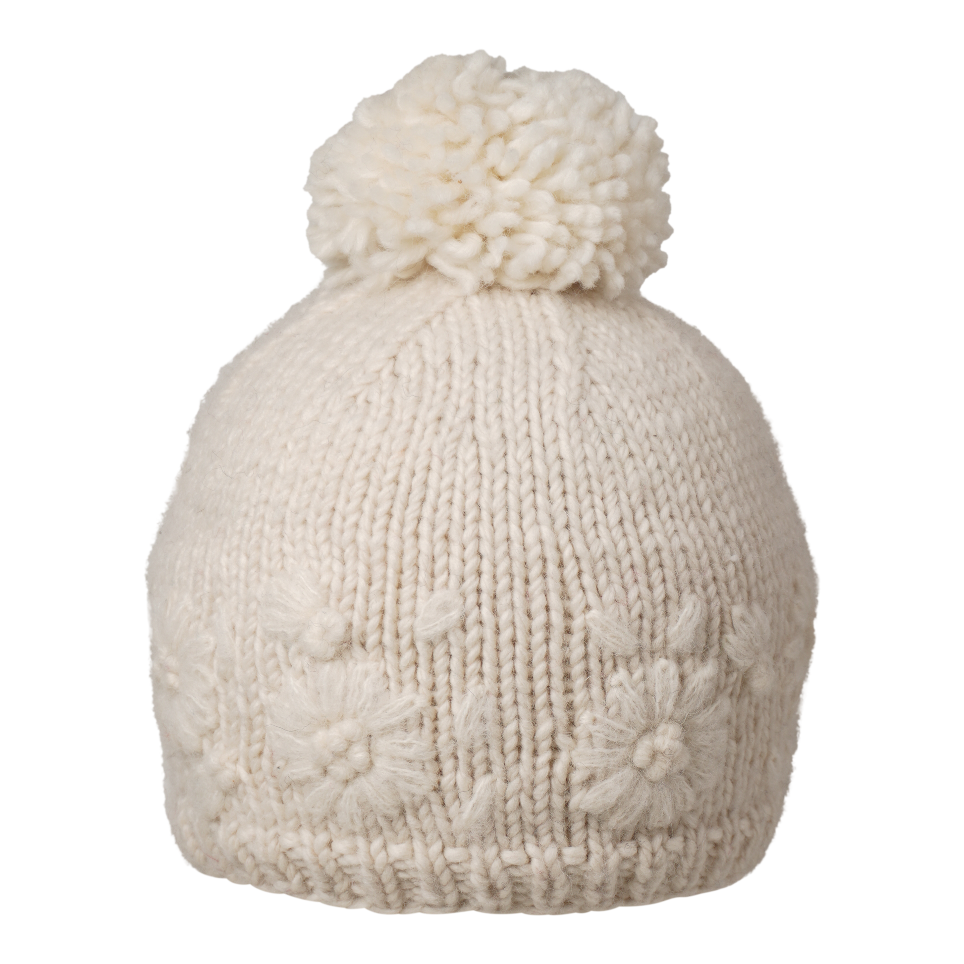 Ambler Petal handknit women's toque in natural with monotone floral design and medium pom. 