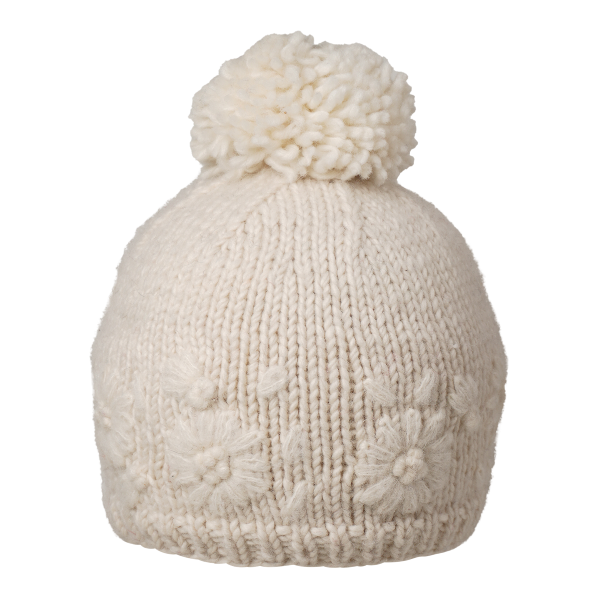 Ambler Petal handknit women&#39;s toque in natural with monotone floral design and medium pom. 