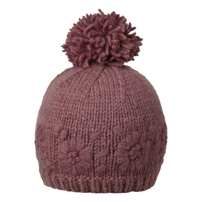 Ambler Petal handknit women's toque in wild ginger with monotone floral design and medium pom. 