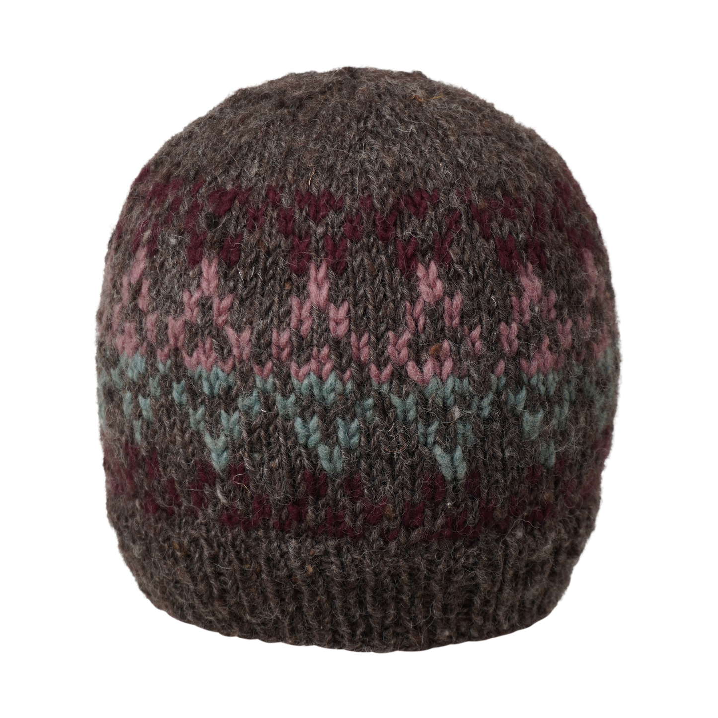 Ambler Prism handknit wool women's toque in heather brown with jacquard knit design and ribbed cuff. 