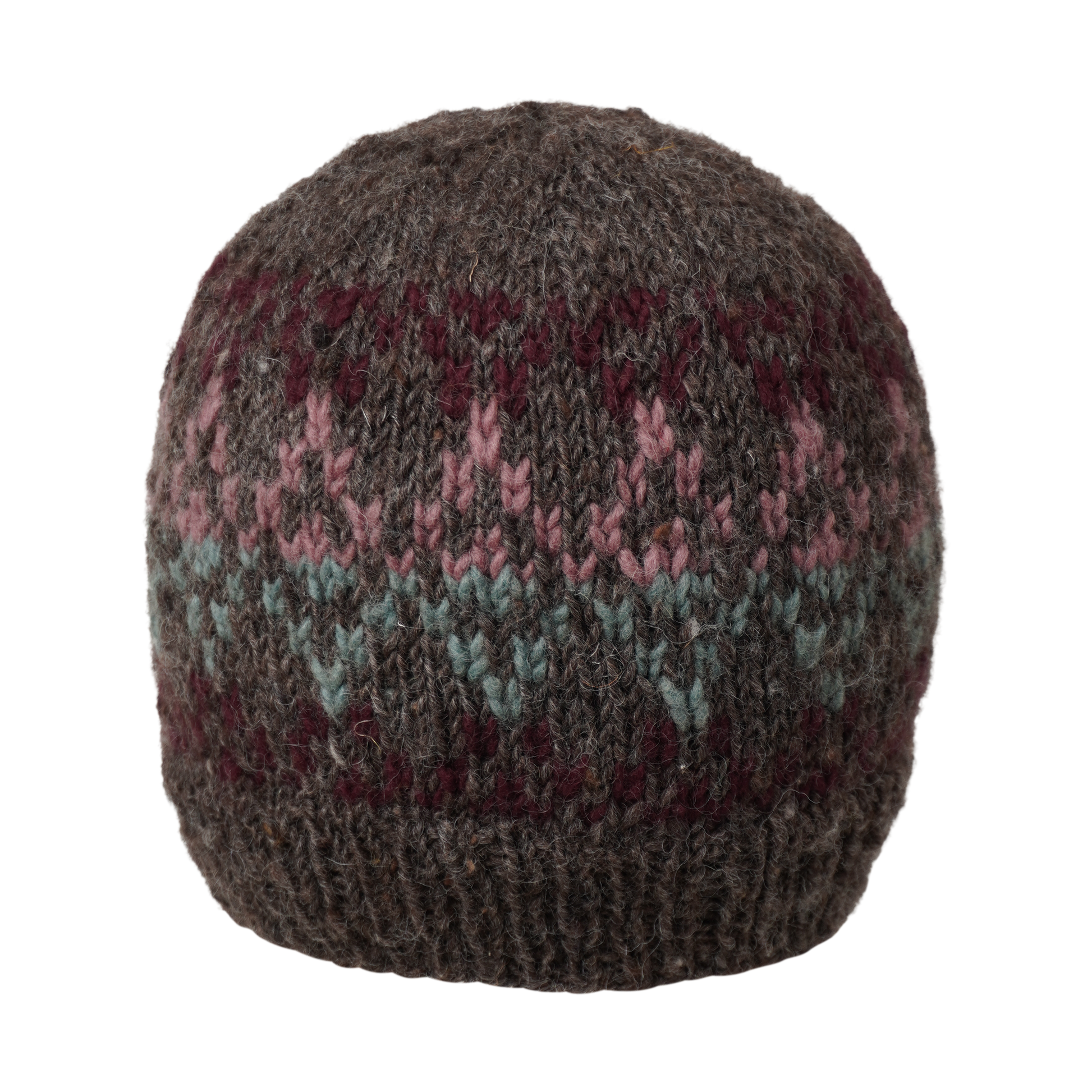 Ambler Prism handknit wool women's toque in heather brown with jacquard knit design and ribbed cuff. 