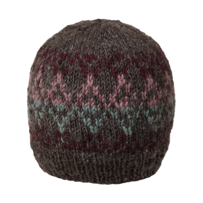 Ambler Prism handknit wool women's toque in heather brown with jacquard knit design and ribbed cuff. 