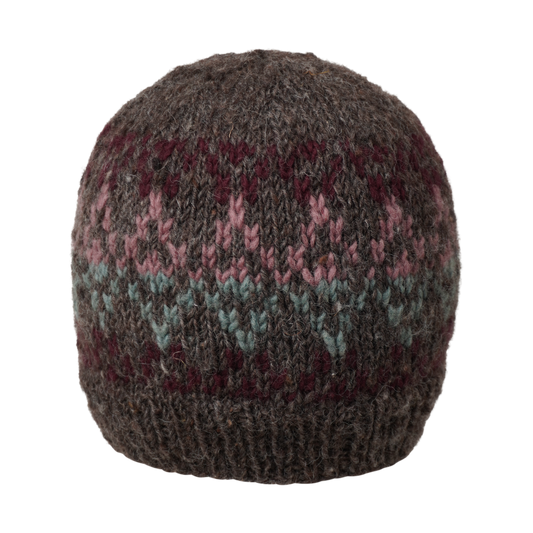 Ambler Prism handknit wool women's toque in heather brown with jacquard knit design and ribbed cuff. 