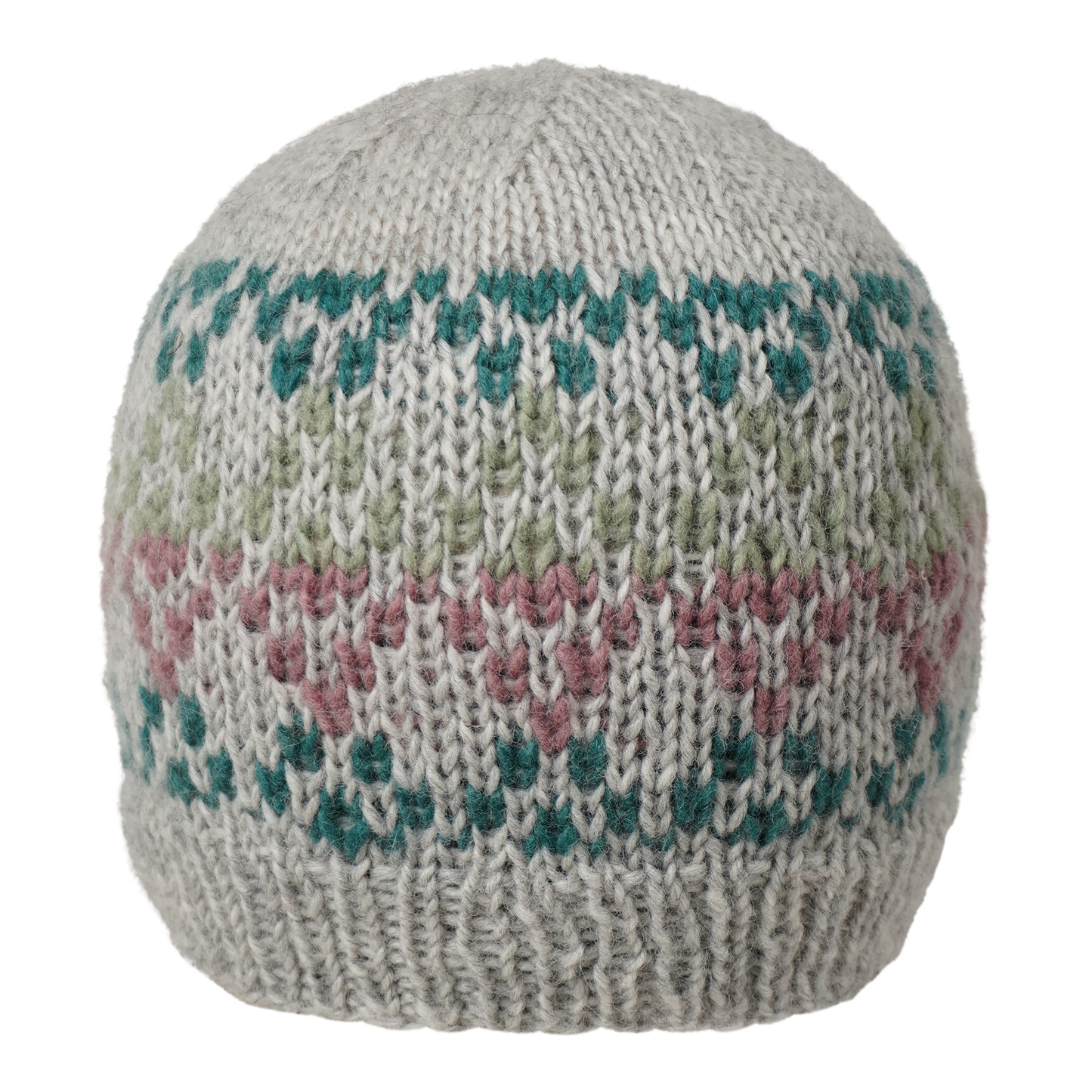 Ambler Prism handknit wool women's toque in heather silver with jacquard knit design and ribbed cuff. 