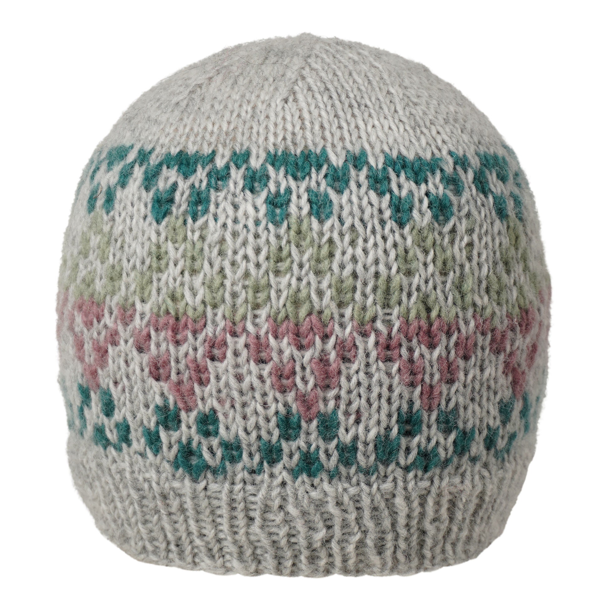 Ambler Prism handknit wool women's toque in heather silver with jacquard knit design and ribbed cuff. 