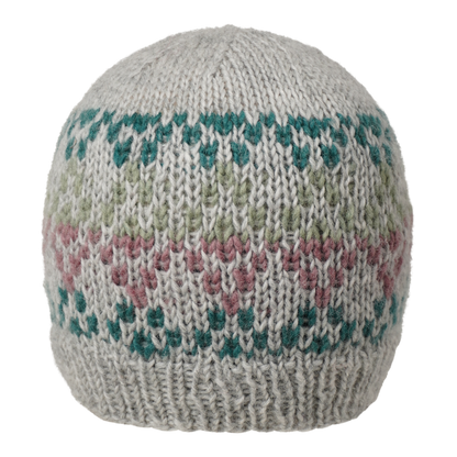 Ambler Prism handknit wool women's toque in heather silver with jacquard knit design and ribbed cuff. 