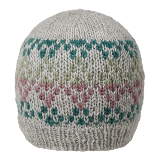 Ambler Prism handknit wool women's toque in heather silver with jacquard knit design and ribbed cuff. 