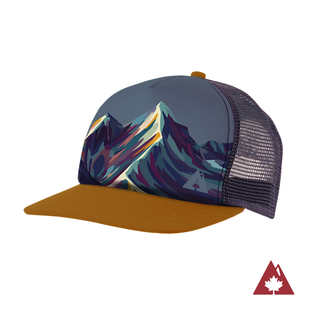 Trucker hat with mountain design and brown brim on a white background