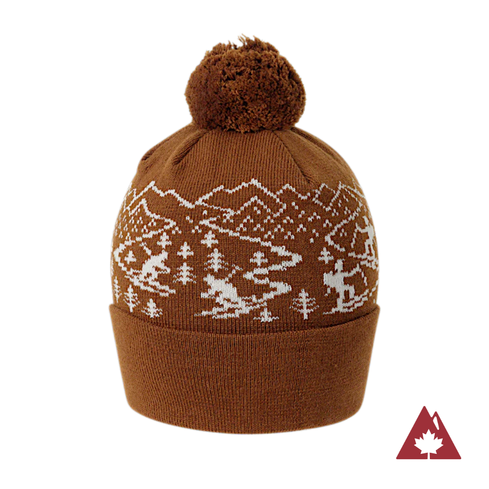 Made in Canada Ambler Skier machine knit toque in caramel with jacquard design and fold up cuff. 