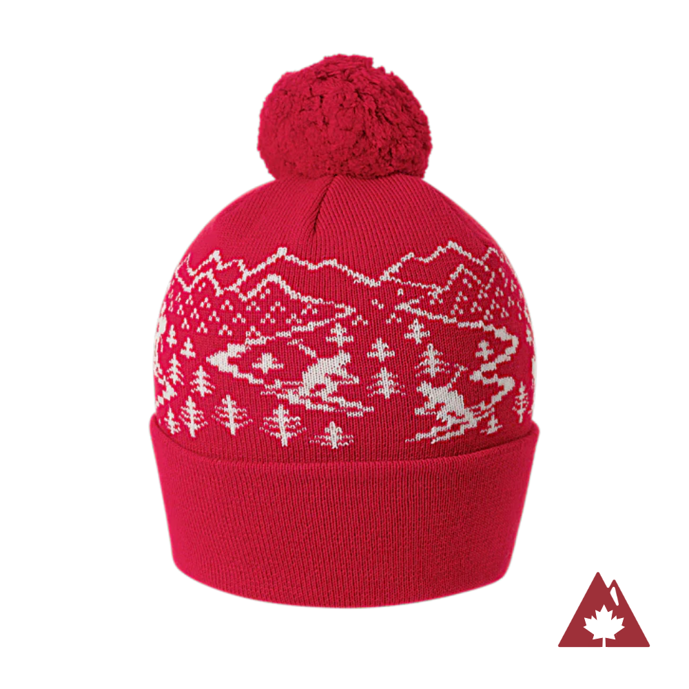 Made in Canada Ambler Skier machine knit toque in tomato with jacquard design and fold up cuff. 