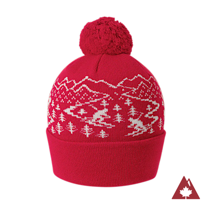 Made in Canada Ambler Skier machine knit toque in tomato with jacquard design and fold up cuff. 
