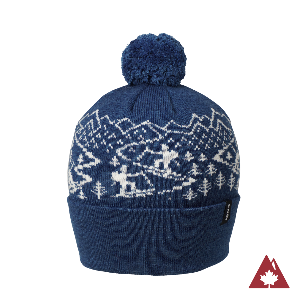 Made in Canada Ambler Skier machine knit toque in indigo with jacquard design and fold up cuff. 