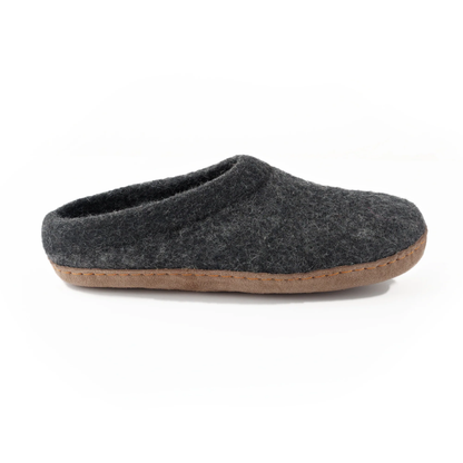 Ambler Slocan wool slippers in heather charcoal with natural leather sole. 