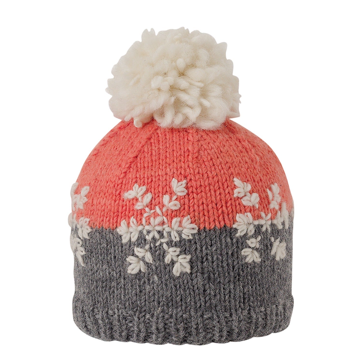 Ambler Snowflake handknit kids' toque in sherbert with embroidered snowflake design and medium pom. 