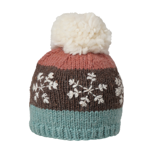 Ambler Snowflake handknit kids' toque in aqua with embroidered snowflake design and medium pom. 
