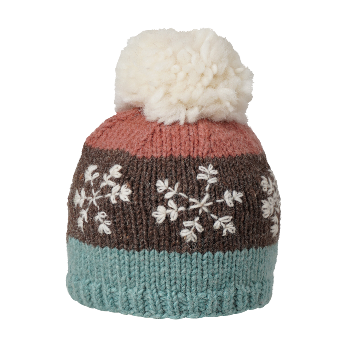 Ambler Snowflake handknit kids&#39; toque in aqua with embroidered snowflake design and medium pom. 