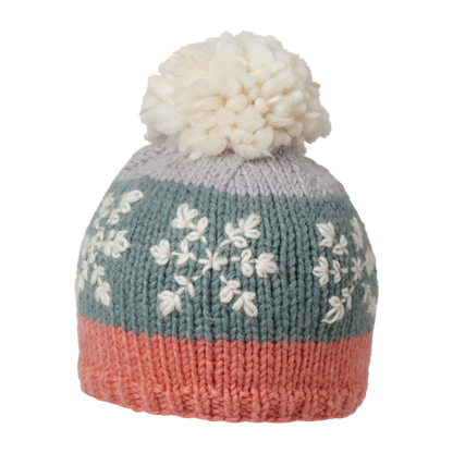 Ambler Snowflake handknit kids' toque in coral with embroidered snowflake design and medium pom. 