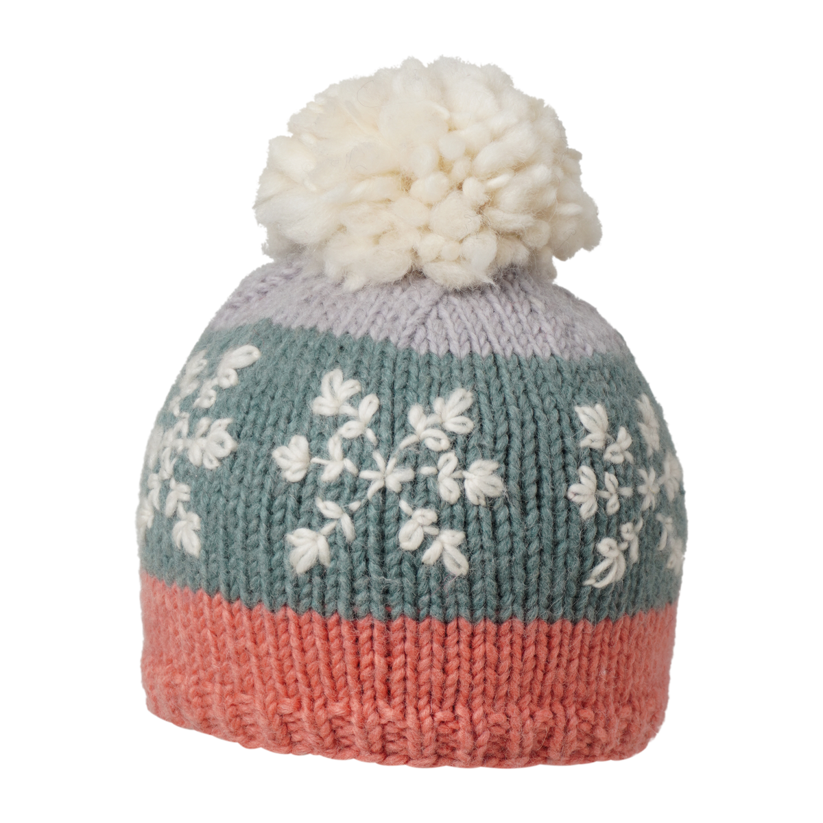 Ambler Snowflake handknit kids&#39; toque in coral with embroidered snowflake design and medium pom. 