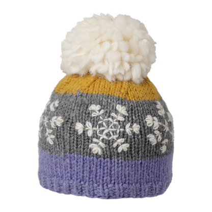 Ambler Snowflake handknit kids' toque in purple with embroidered snowflake design and medium pom. 