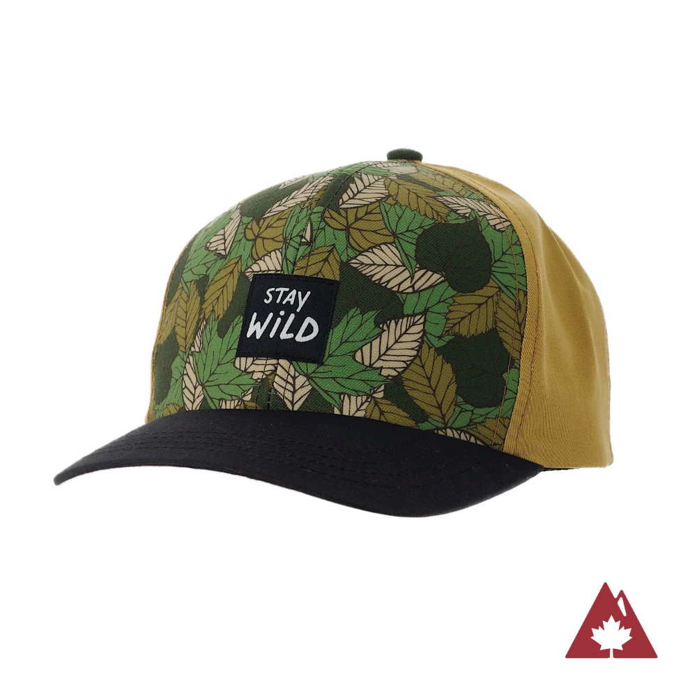 Kids' hat with leaf pattern and 'Stay Wild' patch on the front panel. 