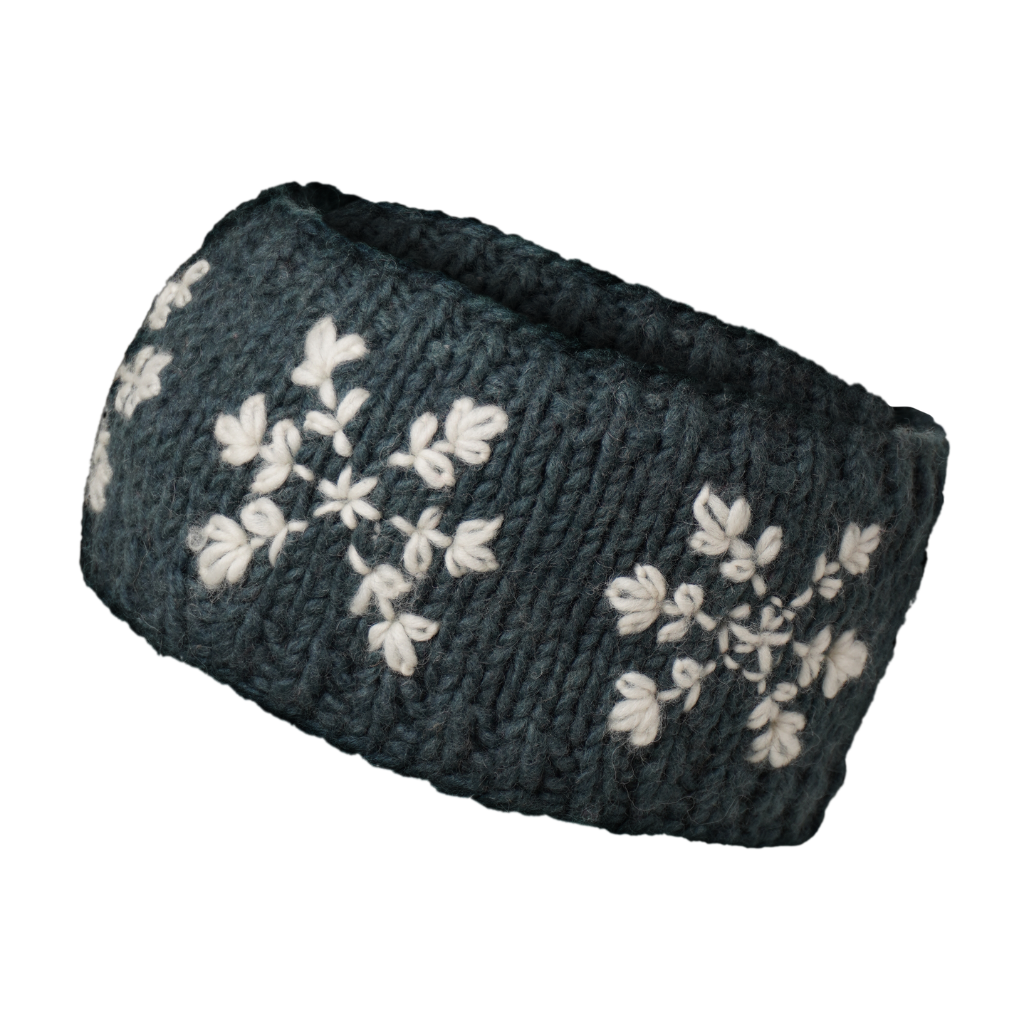 Ambler Stellar handknit winter headband in blue spruce with snowflakes pattern and fleece lining. 