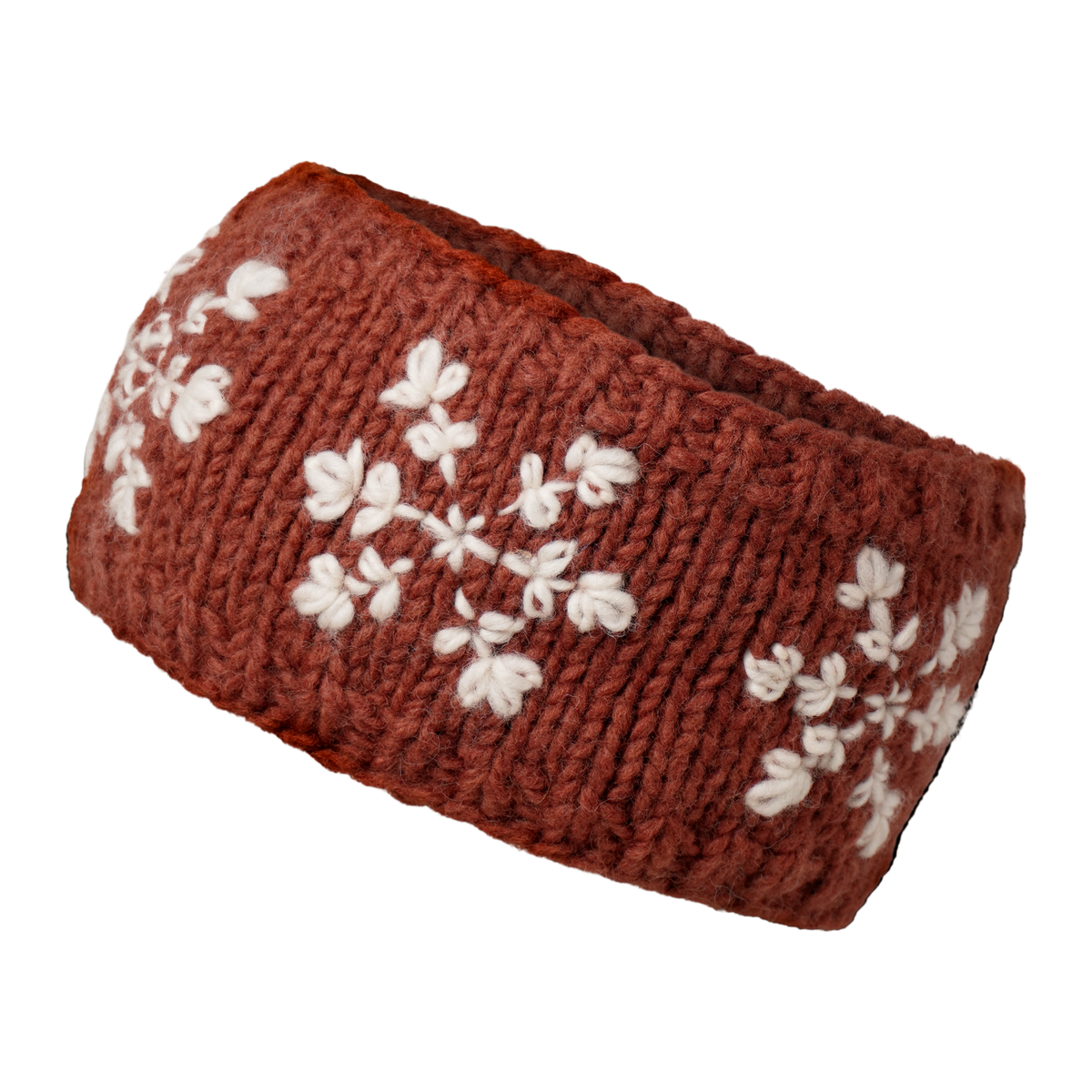 Ambler Stellar handknit winter headband in brick with snowflakes pattern and fleece lining. 
