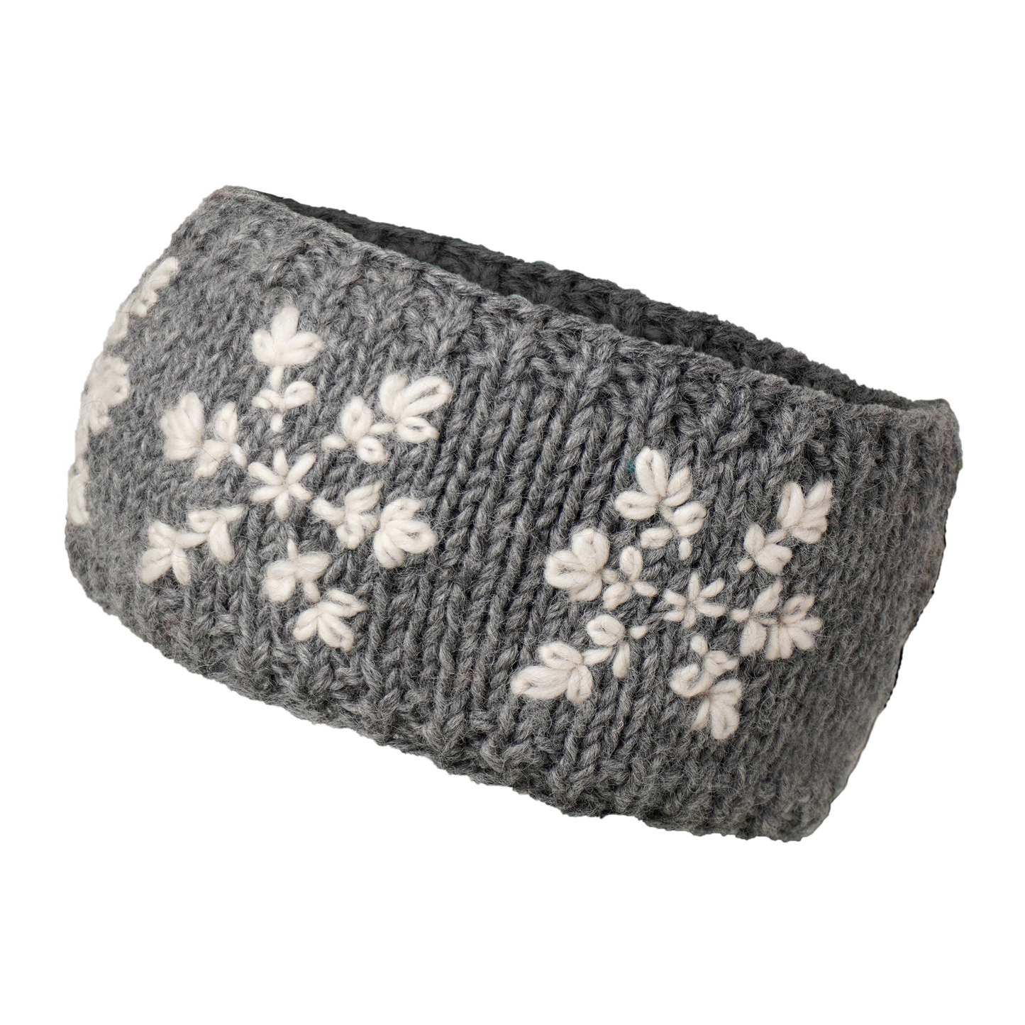 Ambler Stellar handknit winter headband in heather grey with snowflakes pattern and fleece lining. 