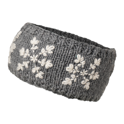 Ambler Stellar handknit winter headband in heather grey with snowflakes pattern and fleece lining. 