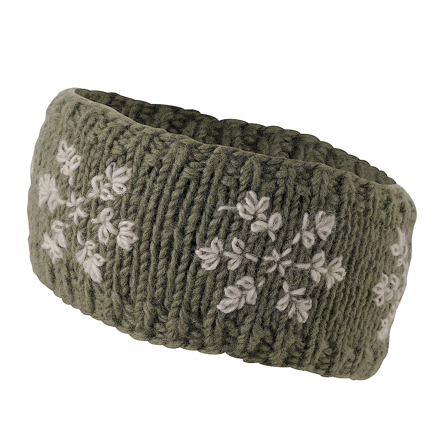 Ambler Stellar handknit winter headband in moss with snowflakes pattern and fleece lining. 