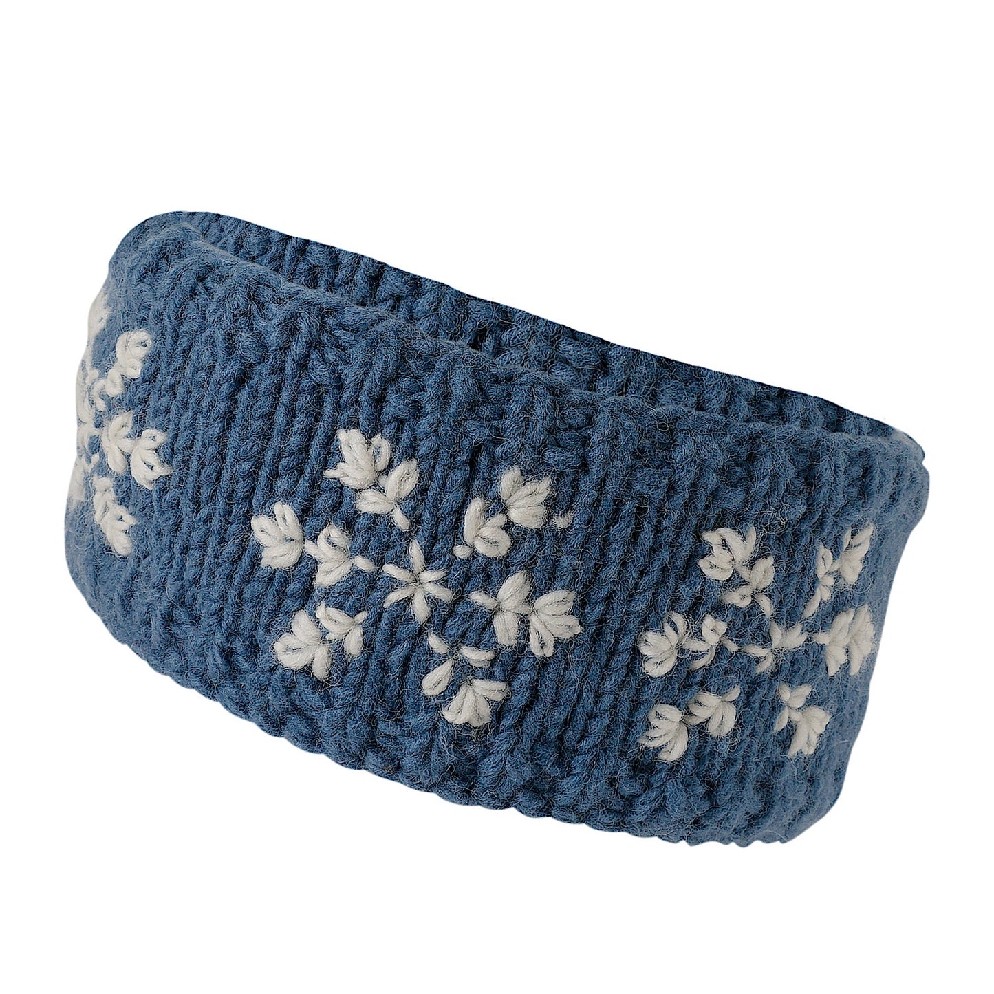 Ambler Stellar handknit winter headband in slate with snowflakes pattern and fleece lining. 