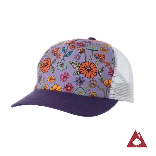 Purple kids' trucker hat with a dark purple brim, white mesh back and colourful floral pattern on the front panel.