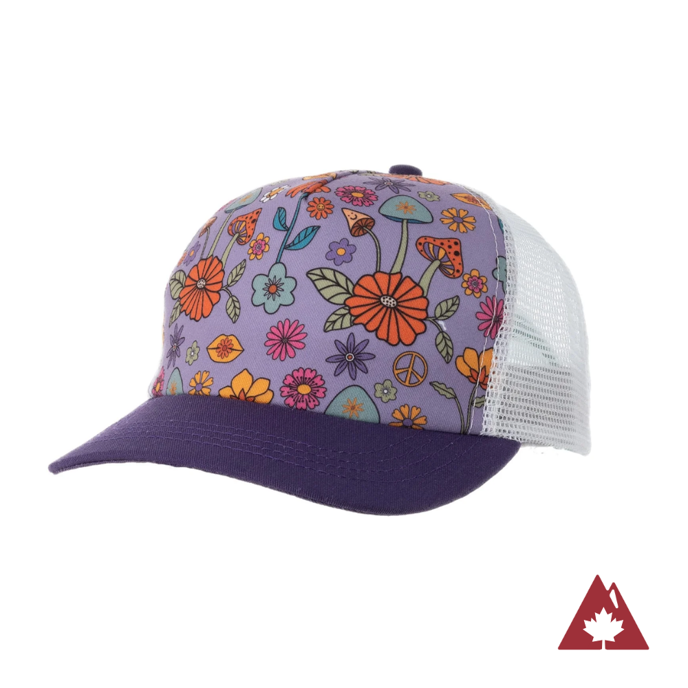 Purple kids&#39; trucker hat with a dark purple brim, white mesh back and colourful floral pattern on the front panel.