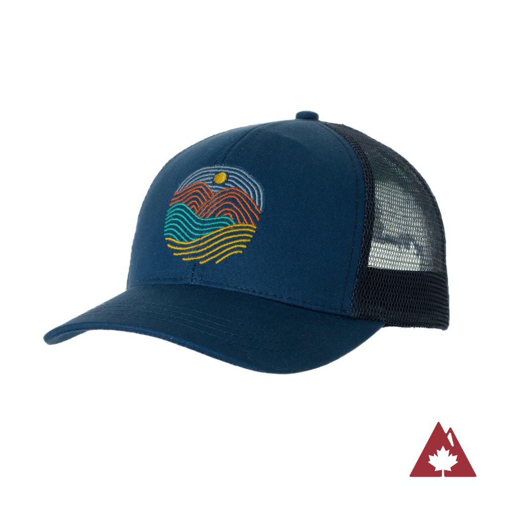 Blue Trucker hat with a black mesh back and a colorful line design on the front panel. 