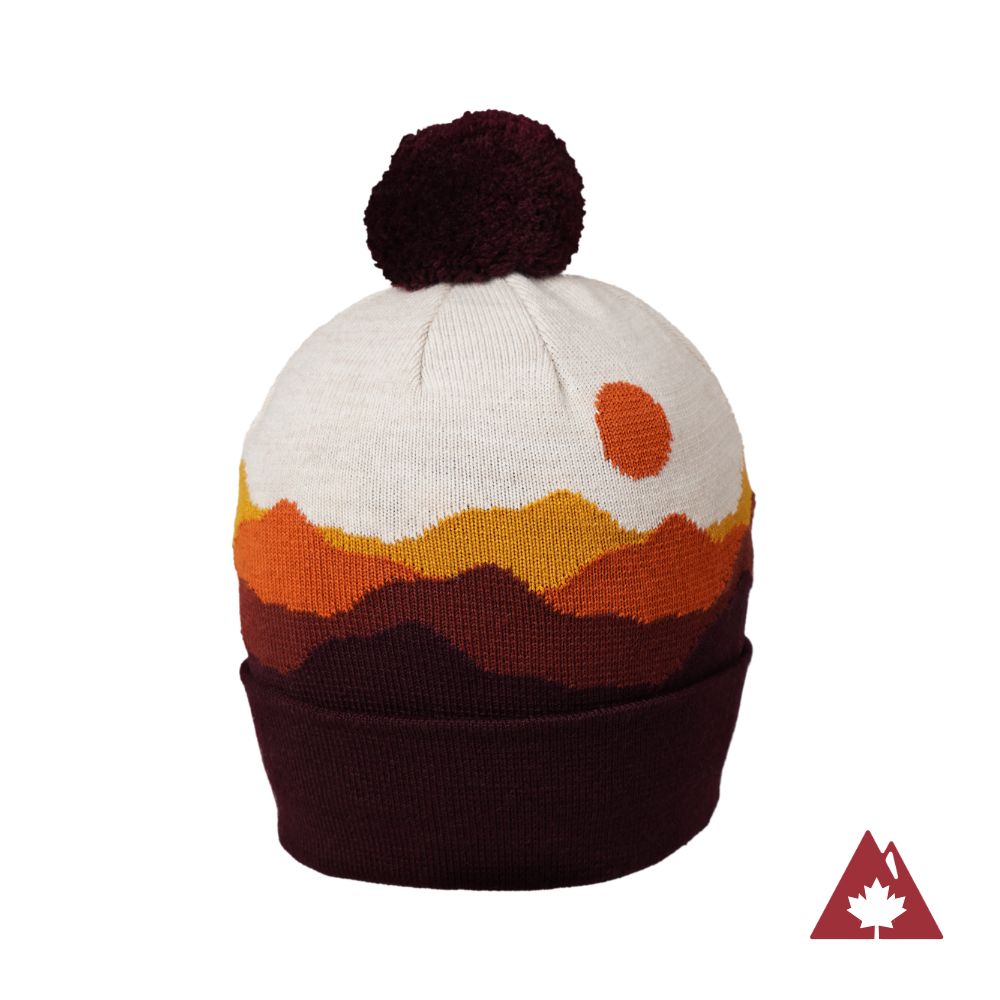 Made in Canada Ambler Sunset machine knit toque in merlot. 