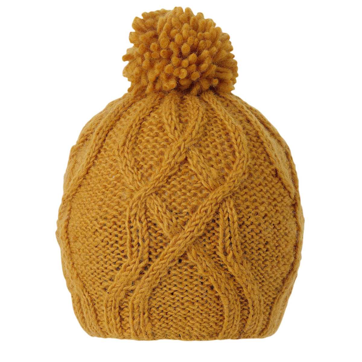 Ambler Tracks handknit wool women&#39;s toque in bronze with cable knit pattern and medium pom. 