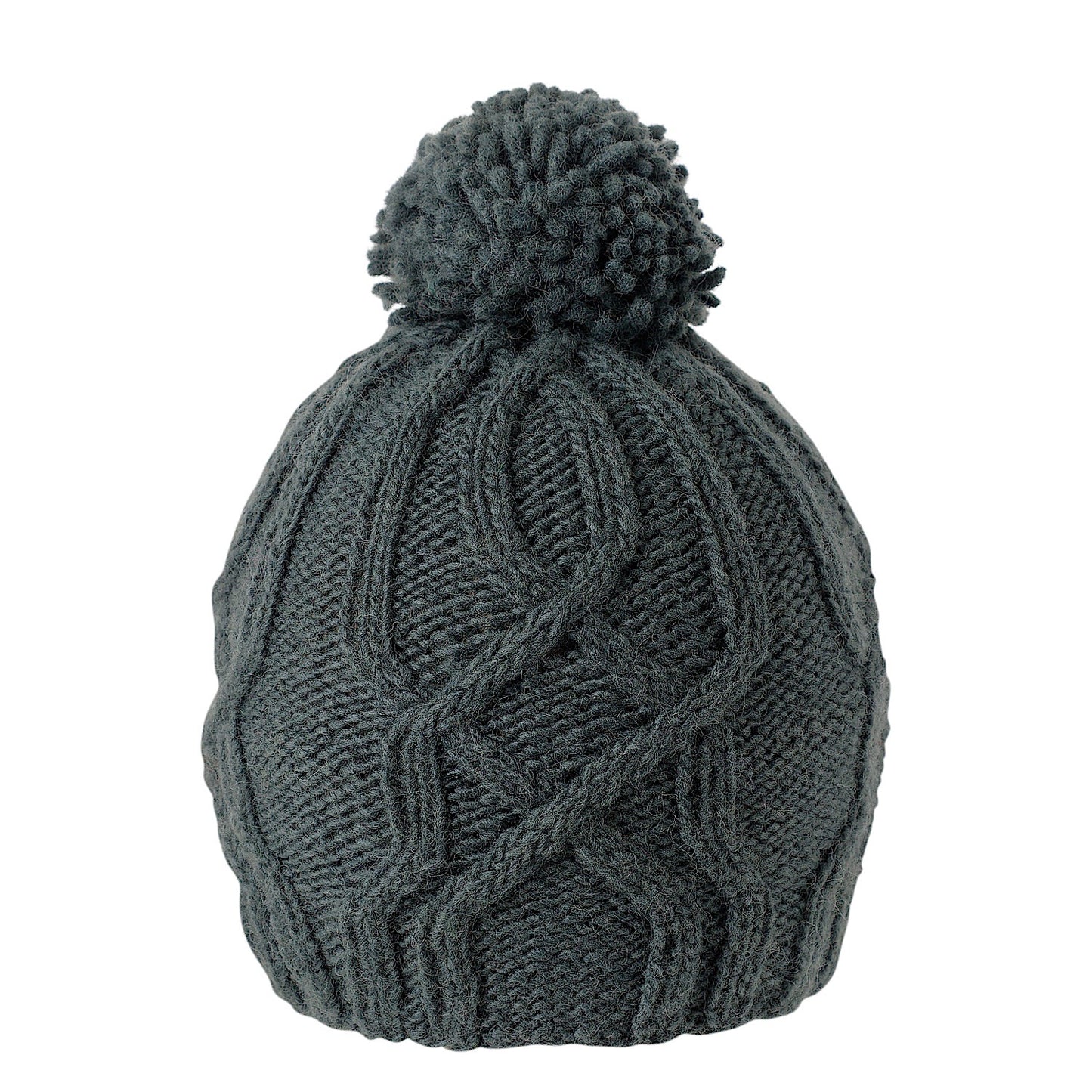 Ambler Tracks handknit wool women's toque in charcoal with cable knit pattern and medium pom. 