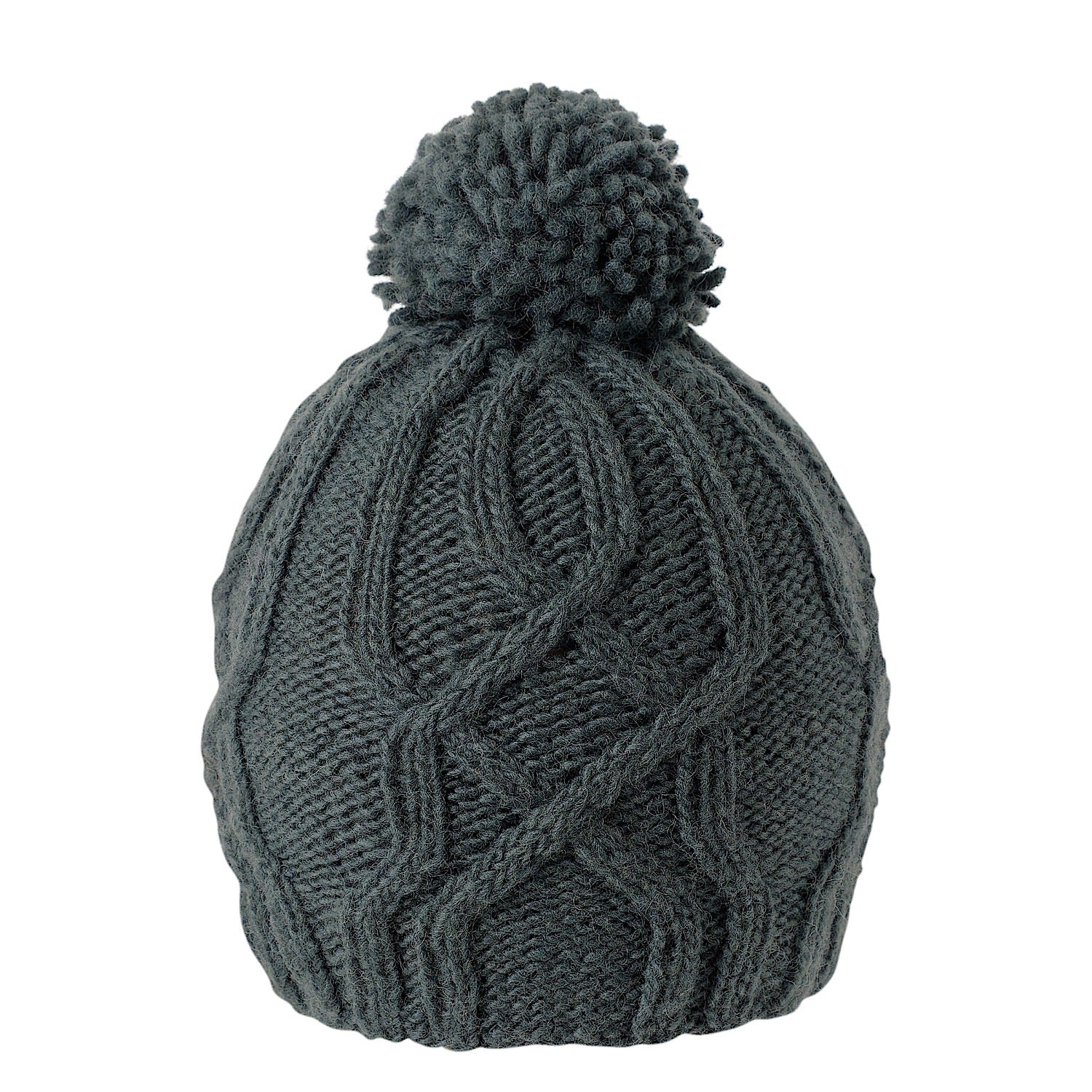 Ambler Tracks handknit wool women's toque in charcoal with cable knit pattern and medium pom. 
