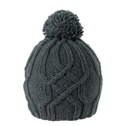 Ambler Tracks handknit wool women's toque in charcoal with cable knit pattern and medium pom. 