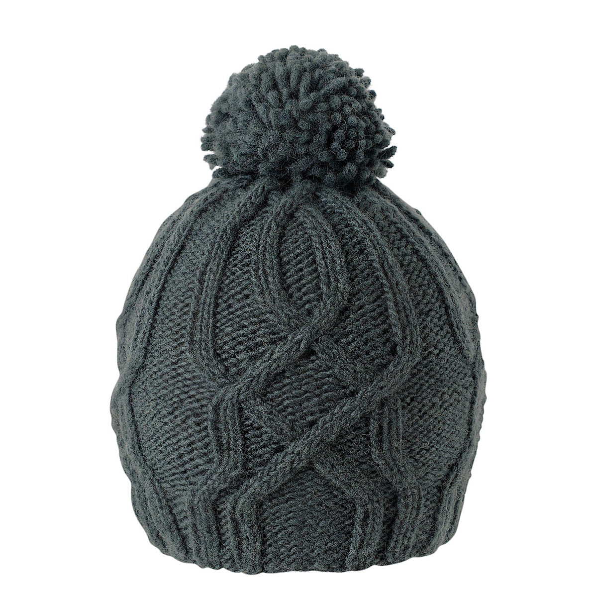 Ambler Tracks handknit wool women&#39;s toque in charcoal with cable knit pattern and medium pom. 