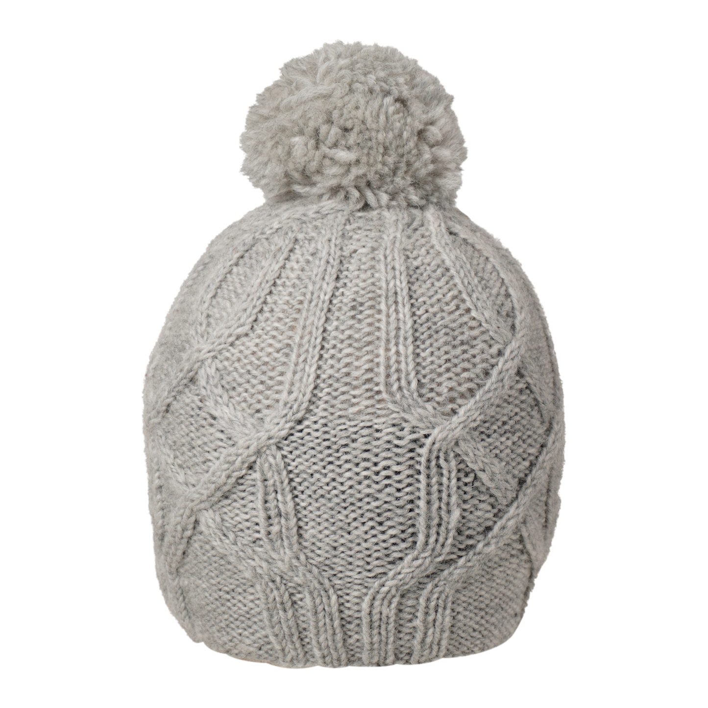 Ambler Tracks handknit wool women's toque in heather silver with cable knit pattern and medium pom. 