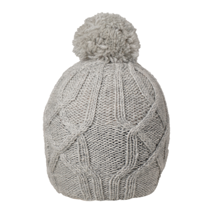 Ambler Tracks handknit wool women's toque in heather silver with cable knit pattern and medium pom. 