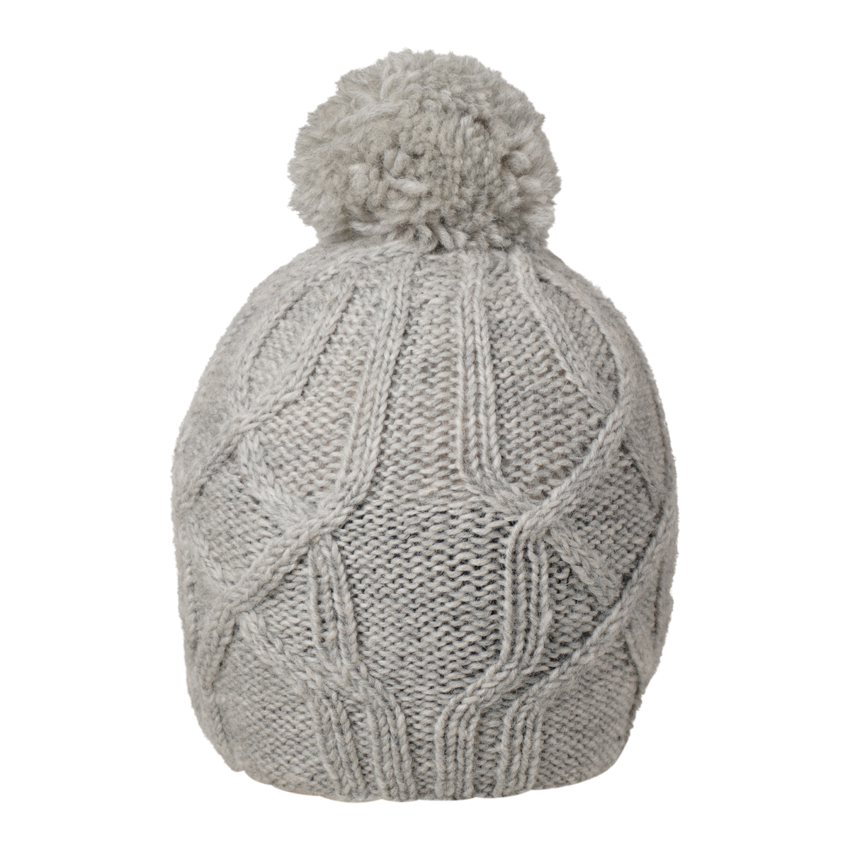 Ambler Tracks handknit wool women&#39;s toque in heather silver with cable knit pattern and medium pom. 