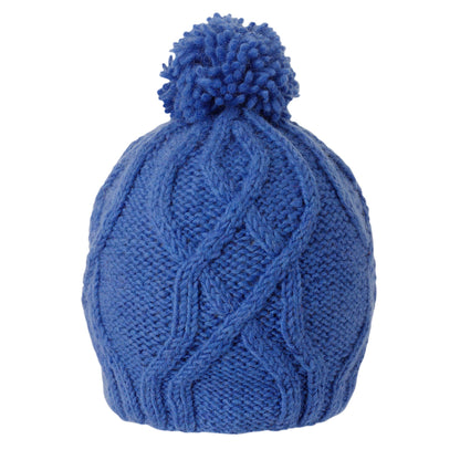 Ambler Tracks handknit wool women's toque in indigo with cable knit pattern and medium pom. 