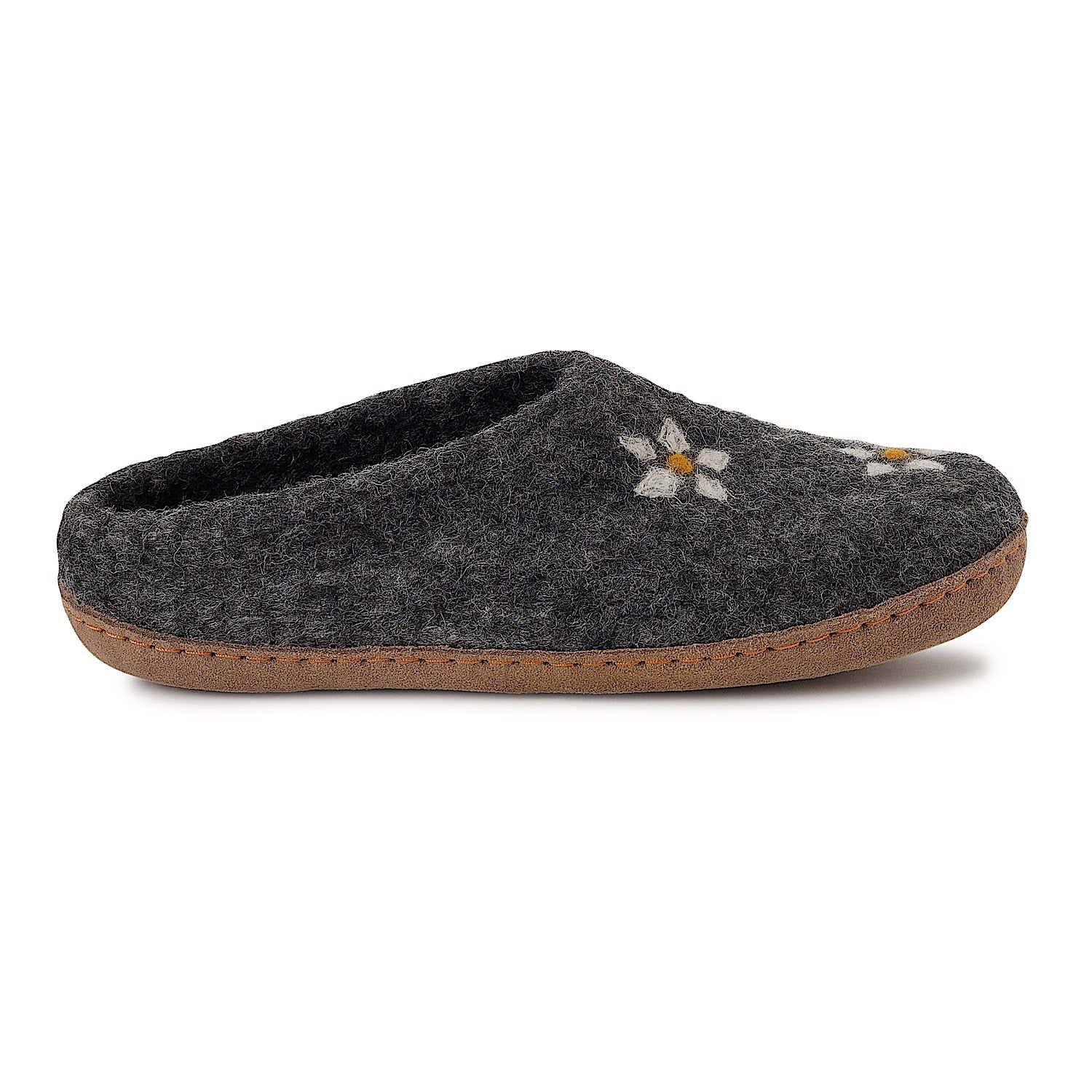 Ambler Valhalla wool slippers in heather charcoal with natural leather sole and felted flowers. 